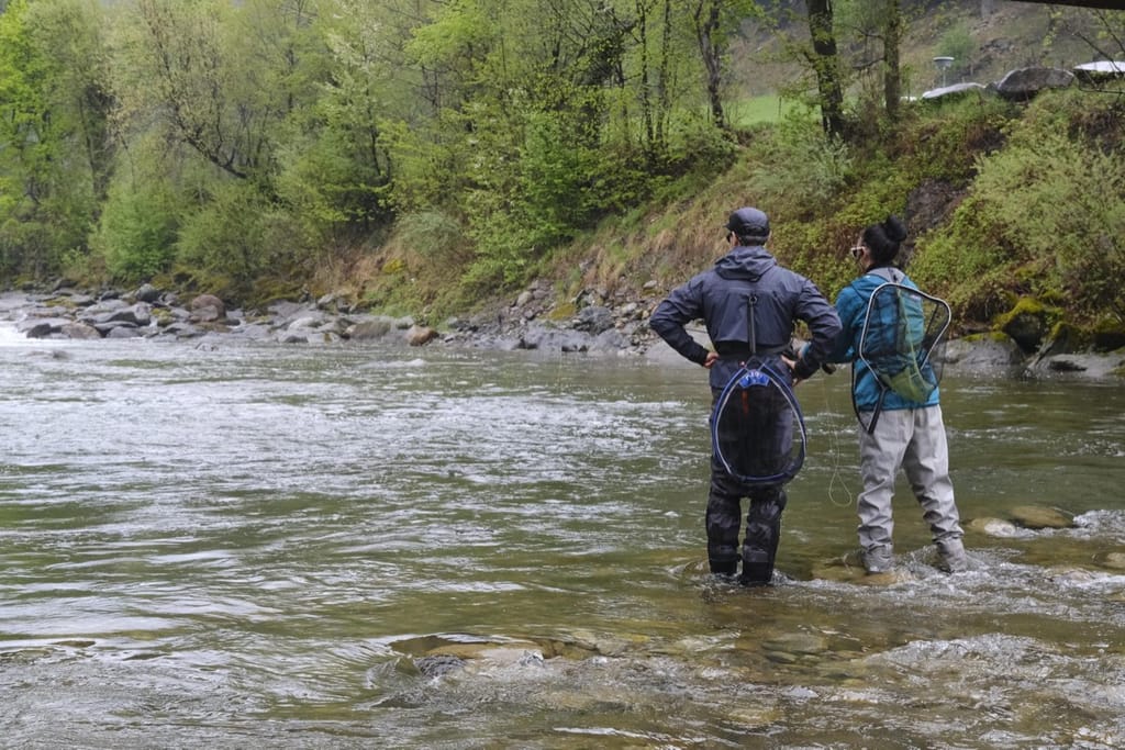 Due pescatori in un fiume alpino durante una lezione di pesca a mosca per principianti