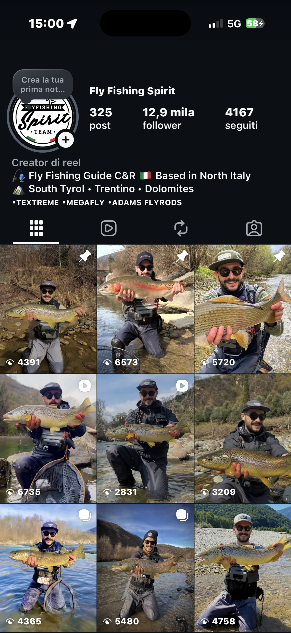 Profilo Instagram di Fly Fishing Spirit mostrato su uno smartphone